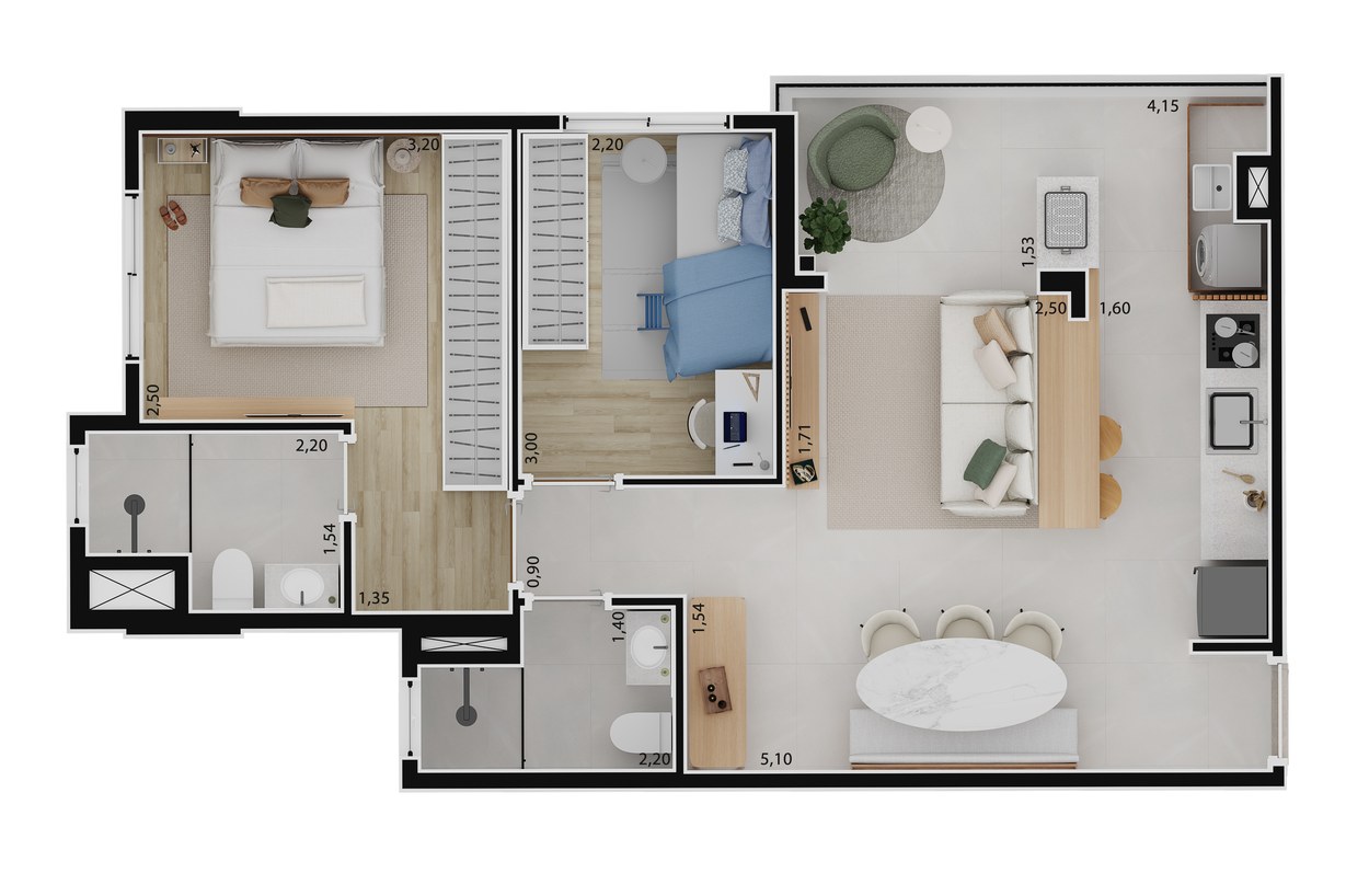 Planta 57m² - 2 dormitórios, 1 suíte